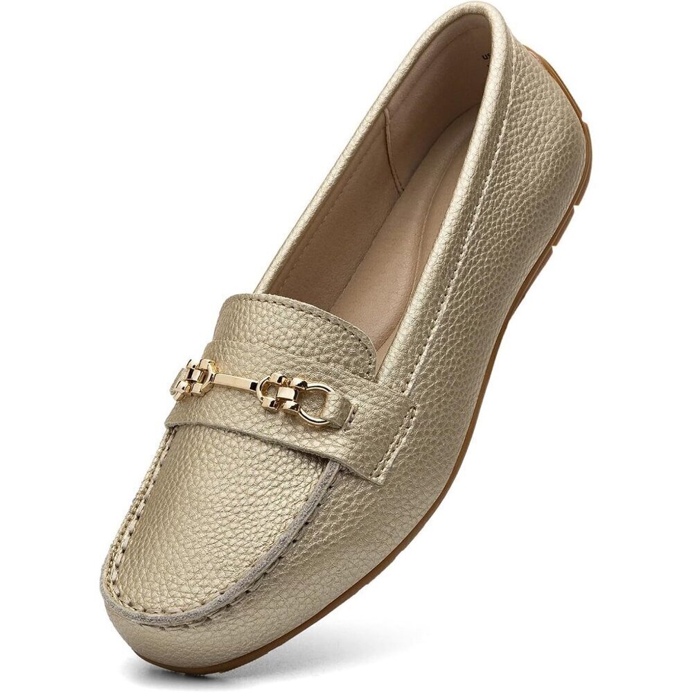 Kordal Women's Gold Leather Gold Accent Buckle Slip-Ons Walking Flats Loafers
